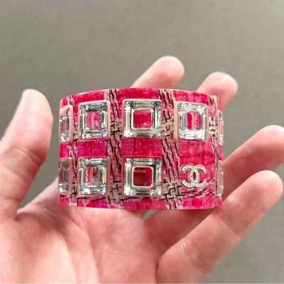 CHANEL 2014 Pink Tweed Inlay Crystal CC Cuff Bracelet - Picture 1 of 6